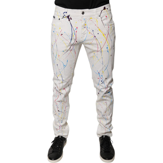 Dolce & Gabbana White Color Splash Print Skinny Denim Jeans