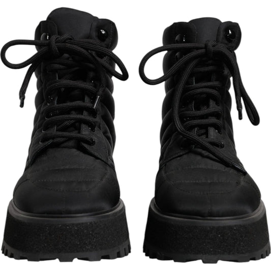 Dolce & Gabbana Black Padded Mid Calf Lace Up Boots Shoes