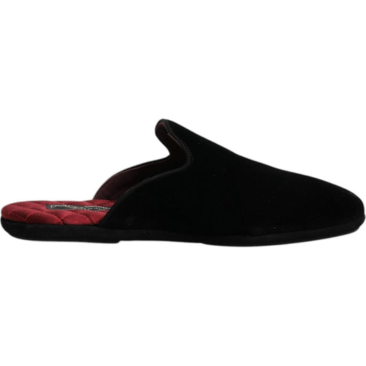 Dolce & Gabbana Black Viscose Velvet Slides Flat Slipper Shoes