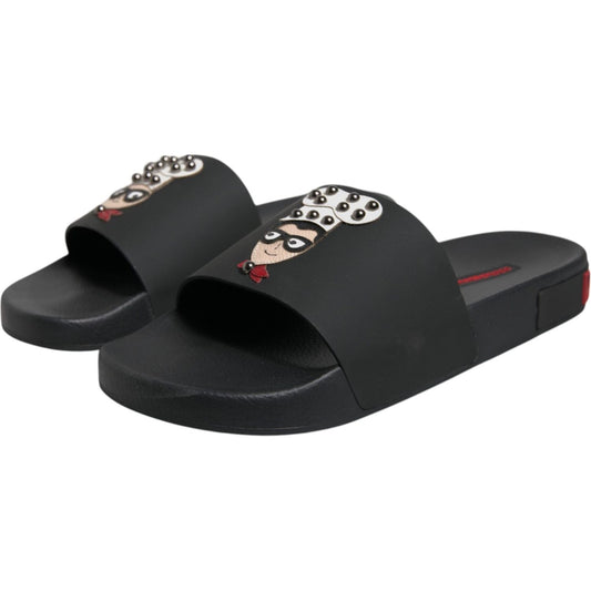 Dolce & Gabbana Black Leather Slides Sandals Beachwear Shoes