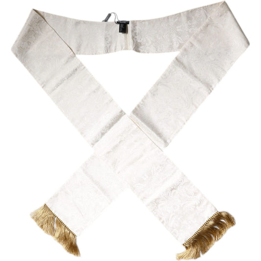 Dolce & Gabbana White Floral Jacquard Skinny Fringes Scarf 1728,67345645728,Accessories,Dolce & Gabbana,Material: 100% Silk,Men,Men - Accessories,New with tags,Scarves - Men - Accessories,White Dolce & Gabbana MS7188
