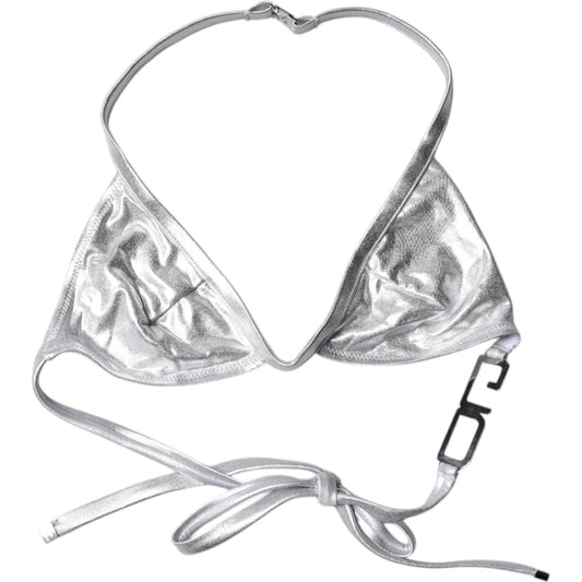 Dolce & Gabbana Silver Logo Halter Beachwear Bikini Top Swimwear 1728,67345645728,Clothing,Dolce & Gabbana,IT2 | S,Material: 96% Polyester 4% Elastane,Preowned / Defect,Silver,Swimwear - Women - Clothing,Women,Women - Clothing Dolce & Gabbana BIK1948-2