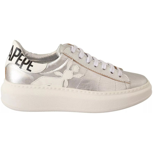 Patrizia Pepe Silver Full Grain Leather Lace Up Sneakers Shoes 1728,67345645728,EU35/US4.5,Material: Leather,Patrizia Pepe,Preowned / Defect,Shoes,Silver,Sneakers - Women - Shoes,Women,Women - Shoes Patrizia Pepe LA9356-35