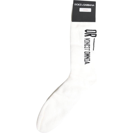 Dolce & Gabbana White Stretch OR VINCIT OMNIA Mid Calf Socks 1728,67345645728,Accessories,Dolce & Gabbana,M,Men,Men - Accessories,New with tags,Socks - Men - Accessories,White Dolce & Gabbana SCS2198-M