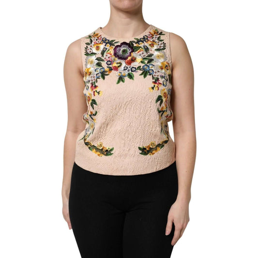 Dolce & Gabbana Beige Floral Embroidery Sleeveless Tank Top 1728,67345645728,Beige,Dolce & Gabbana,IT38 | XS,IT44 | L,IT46|XL,Material: 91% Cotton 9% Nylon,New with tags,Tops & T-Shirts - Women - Clothing,Women Dolce & Gabbana TSH90439-38