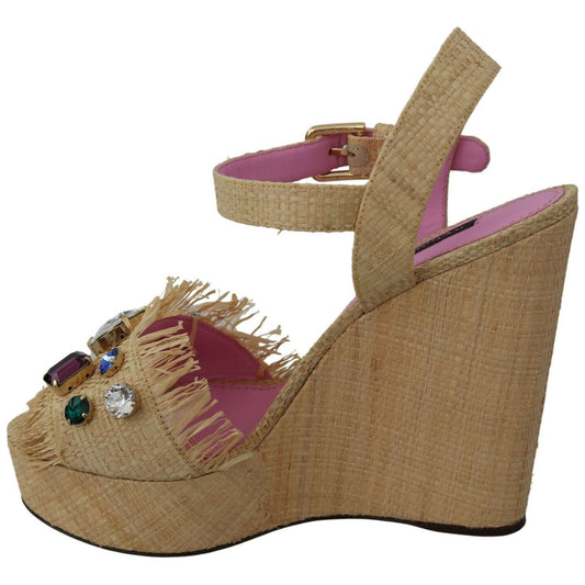 Dolce & Gabbana Beige Silk Strap Wedge Sandals 14% Leather,16% Straw,1728,67345645728,Beige,Dolce & Gabbana,EU38/US7.5,Material: 70% Silk,New with tags,Sandals - Women - Shoes,Women Dolce & Gabbana LA8145- 38