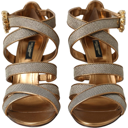 Dolce & Gabbana Bronze Crystal Strap Heels Sandals Shoes 1728,67345645728,Dolce & Gabbana,EU37/US6.5,Gold,Material: 50% PU 37% Leather 13% Polyester,New with tags,Sandals - Women - Shoes Dolce & Gabbana LA11158-37
