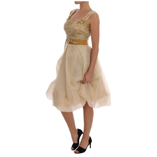 Dolce & Gabbana Elegant Embellished Lace & Organza Silk Dress 10% nylon,1728,27% metal fibre,3% acetate,4% crystal,5% cotton,6% real brass,67345645728,Dolce & Gabbana,Dresses - Women - Clothing,Gold,IT44|L,Material: 45% silk,New with tags,Women Dolce & Ga