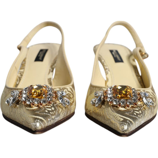 Dolce & Gabbana Gold Crystal Pumps Heels Slingbacks Shoes 1728,34% Lambskin,53% PL,6% P2,Dolce & Gabbana,EU37/US7,Gold,Material: 7% PA,Preowned / Defect,Sandals - Women - Shoes,Women Dolce & Gabbana LA11792-37