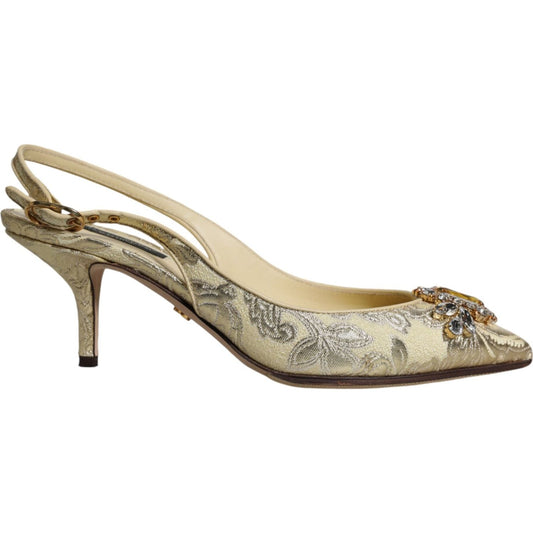 Dolce & Gabbana Gold Crystal Pumps Heels Slingbacks Shoes 1728,34% Lambskin,53% PL,6% P2,Dolce & Gabbana,EU37/US7,Gold,Material: 7% PA,Preowned / Defect,Sandals - Women - Shoes,Women Dolce & Gabbana LA11792-37