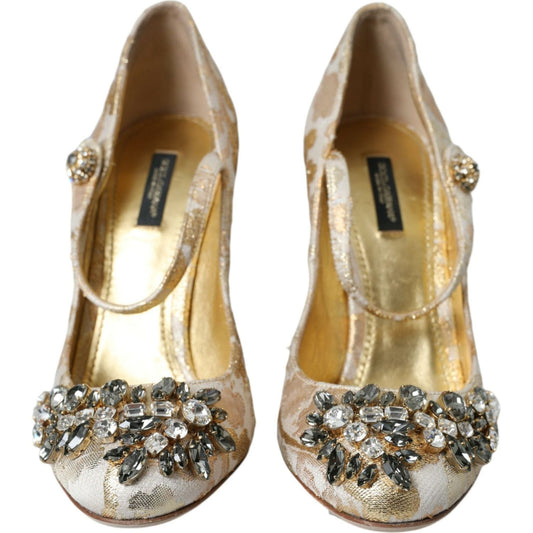 Dolce & Gabbana Gold Jacquard Crystal Mary Janes Pumps Shoes 1728,67345645728,Dolce & Gabbana,EU39/US8.5,Gold,Material: 35+15%LU+50%PC,New with tags,Pumps - Women - Shoes,Women Dolce & Gabbana LA10838-39