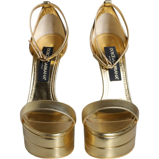 Dolce & Gabbana Gold Leather Platform Keira Sandals Shoes 1728,67345645728,Dolce & Gabbana,EU38/US7.5,Gold,Material: 100% Lamb Leather,Preowned / Defect,Sandals - Women - Shoes,Women Dolce & Gabbana LA11422-38