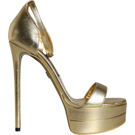 Dolce & Gabbana Gold Leather Platform Keira Sandals Shoes 1728,67345645728,Dolce & Gabbana,EU38/US7.5,Gold,Material: 100% Lamb Leather,Preowned / Defect,Sandals - Women - Shoes,Women Dolce & Gabbana LA11422-38