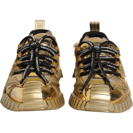 Dolce & Gabbana Gold Stretch Lace Up NS1 Sneakers Shoes 1728,67345645728,Dolce & Gabbana,EU38/US7.5,Gold,Material: 45% Polyester 30% Nylon 10% Leather 5% PVC 5% Cotton 5% Viscose,Preowned / Defect,Sneakers - Women - Shoes,Women Dolce & Gabbana LA12328-38
