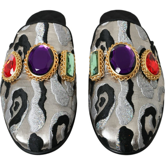 Dolce & Gabbana Gray Jacquard Crystal Mule Flat Sandals Shoes 1728,67345645728,Dolce & Gabbana,EU40/US9.5,Flat Shoes - Women - Shoes,Gray,Material: Leather,New with tags,Women Dolce & Gabbana LA10561-40