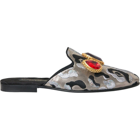 Dolce & Gabbana Gray Jacquard Crystal Mule Flat Sandals Shoes 1728,67345645728,Dolce & Gabbana,EU40/US9.5,Flat Shoes - Women - Shoes,Gray,Material: Leather,New with tags,Women Dolce & Gabbana LA10561-40