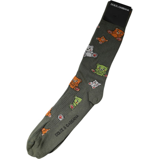 Dolce & Gabbana Green Nylon DG Bear Printed Mid Calf Socks 1728,67345645728,Accessories,Dolce & Gabbana,Green,Material: 52% Nylon 47% Cotton 1% Elastane,Men,Men - Accessories,New with tags,Socks - Men - Accessories,XL Dolce & Gabbana SCS2252-XL