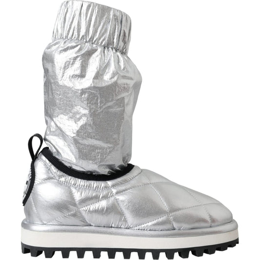 Dolce & Gabbana Metallic Silver Quilted Logo Patch Boot Shoes 1728,67345645728,Boots - Women - Shoes,Dolce & Gabbana,EU39/US8.5,Material: 90% Nylon 10% Viscose,New with tags,Silver Dolce & Gabbana LA11147-39
