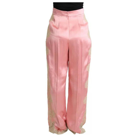 Dolce & Gabbana Pink Lace Trimmed Silk Satin Wide Legs Pants 1728,67345645728,Dolce & Gabbana,IT42|M,Jeans & Pants - Women - Clothing,Material: 80% Silk 15% Cotton 5% Nylon,Pink,Preowned / Defect,Women Dolce & Gabbana PAN71898-42