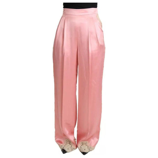 Dolce & Gabbana Pink Lace Trimmed Silk Satin Wide Legs Pants 1728,67345645728,Dolce & Gabbana,IT42|M,Jeans & Pants - Women - Clothing,Material: 80% Silk 15% Cotton 5% Nylon,Pink,Preowned / Defect,Women Dolce & Gabbana PAN71898-42
