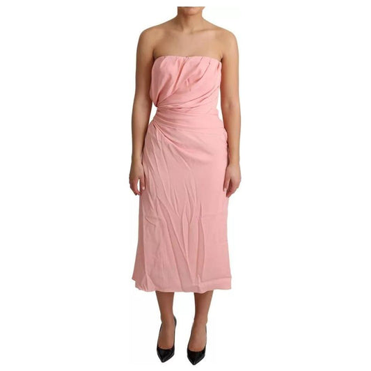Dolce & Gabbana Pink Silk Stretch Strapless Sheath Midi Dress 1728,67345645728,Dolce & Gabbana,Dresses - Women - Clothing,IT38 | XS,Material: 94% Silk 6% Elastane,Pink,Preowned / Defect,Women Dolce & Gabbana DR28037-38