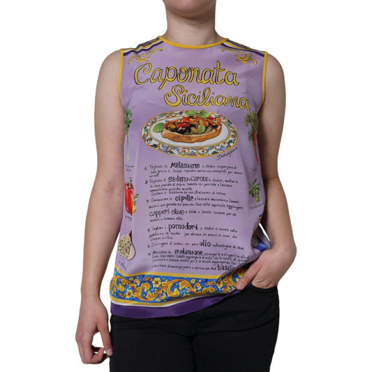 Dolce & Gabbana Purple Silk Caponata Siciliana Print Tank Top 1728,67345645728,Clothing,Dolce & Gabbana,IT40|S,Material: 100% Silk,New with tags,Purple,Tops & T-Shirts - Women - Clothing,Women,Women - Clothing Dolce & Gabbana TSH86557-40