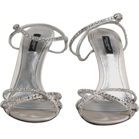 Dolce & Gabbana Silver Crystal Ankle Strap Sandals Shoes 1728,67345645728,Dolce & Gabbana,EU38/US7.5,EU40/US9.5,Material: 31% Silk 67% Viscose 2% Leather,Preowned / Defect,Sandals - Women - Shoes,Shoes,Silver,Women,Women - Shoes Dolce & Gabbana LA11990-38