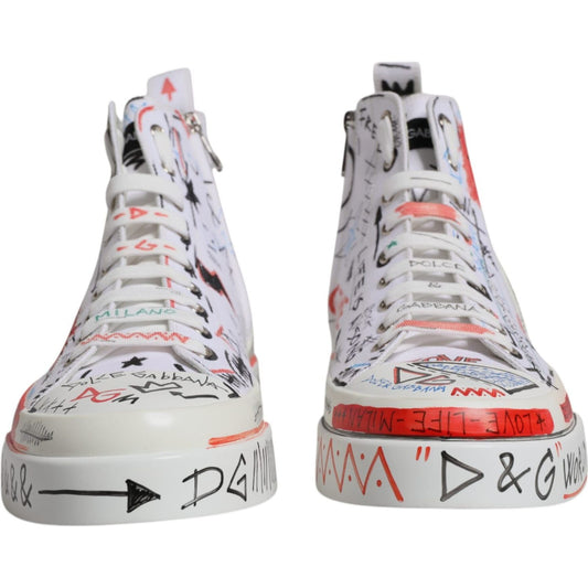 Dolce & Gabbana White Cotton Graffiti High Top Sneaker Shoes 1728,67345645728,Dolce & Gabbana,EU47/US14,Material: 90% Cotton 10% Leather,Men,New with tags,Sneakers - Men - Shoes,White Dolce & Gabbana MV6440-47