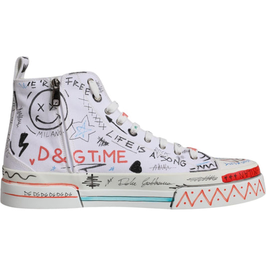 Dolce & Gabbana White Cotton Graffiti High Top Sneaker Shoes 1728,67345645728,Dolce & Gabbana,EU47/US14,Material: 90% Cotton 10% Leather,Men,New with tags,Sneakers - Men - Shoes,White Dolce & Gabbana MV6440-47